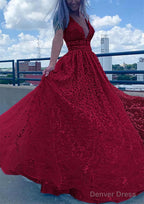 A-line V Neck Sleeveless Long/Floor-Length Lace Tulle Prom Dresses With Beading Sequins