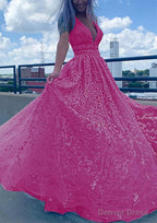 A Line V Neck Sleeveless Long Floor Length Lace Tulle Prom Dresses With Beading Sequins