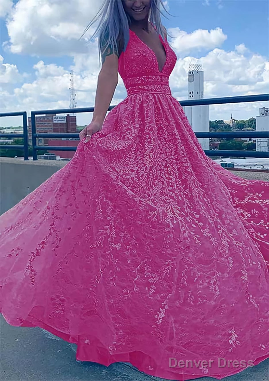 A Line V Neck Sleeveless Long Floor Length Lace Tulle Prom Dresses With Beading Sequins