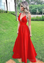 A-line V Neck Sleeveless Long/Floor-Length Satin Prom Dresses With Pleated