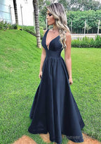 A-line V Neck Sleeveless Long/Floor-Length Satin Prom Dresses With Pleated