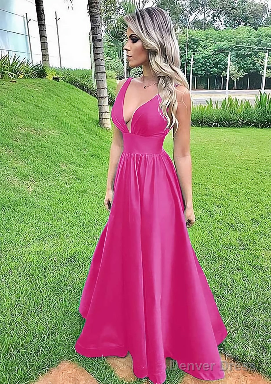 A Line V Neck Sleeveless Long Floor Length Satin Prom Dresses With Pleated