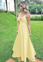 A Line V Neck Sleeveless Long Floor Length Satin Prom Dresses With Pleated