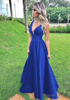 A-line V Neck Sleeveless Long/Floor-Length Satin Prom Dresses With Pleated