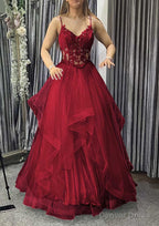 A-line V Neck Sleeveless Long/Floor-Length Tulle Charmeuse Prom Dresses With Appliqued Lace