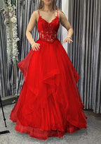 A Line V Neck Sleeveless Long Floor Length Tulle Charmeuse Prom Dresses With Appliqued Lace