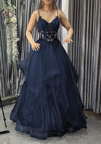 A-line V Neck Sleeveless Long/Floor-Length Tulle Charmeuse Prom Dresses With Appliqued Lace