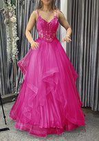 A Line V Neck Sleeveless Long Floor Length Tulle Charmeuse Prom Dresses With Appliqued Lace