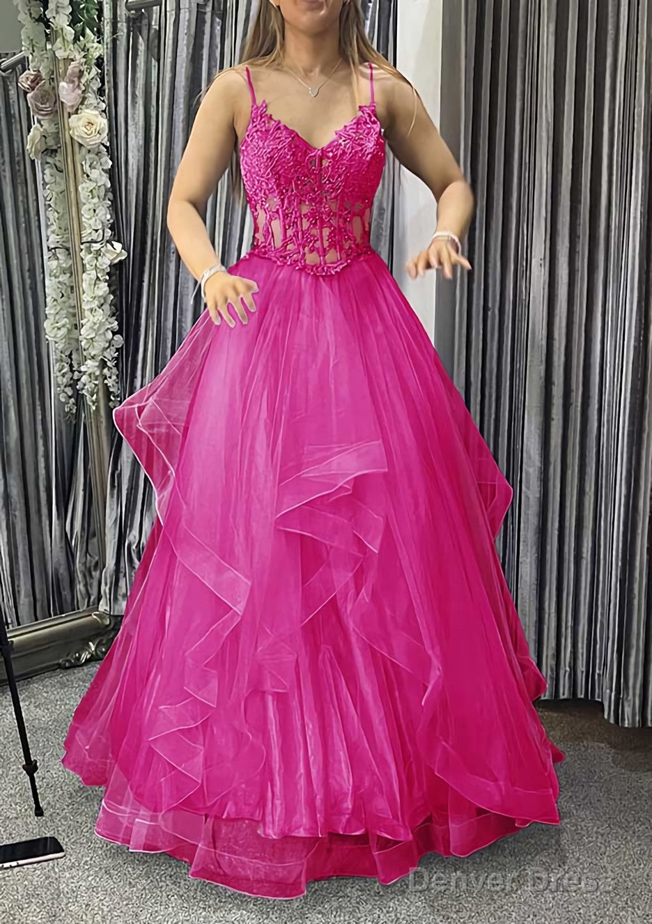 A Line V Neck Sleeveless Long Floor Length Tulle Charmeuse Prom Dresses With Appliqued Lace
