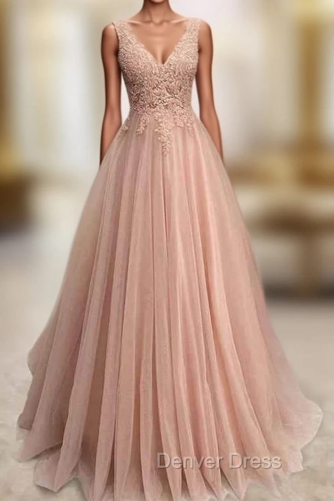 A-line V Neck Sleeveless Long/Floor-Length Tulle Glitter Prom Dresses With Appliqued Beading Main image