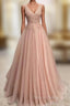 A-line V Neck Sleeveless Long/Floor-Length Tulle Glitter Prom Dresses With Appliqued Beading