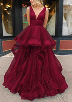 A Line V Neck Sleeveless Long Floor Length Tulle Glitter Prom Dresses With Pleated