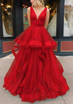 A Line V Neck Sleeveless Long Floor Length Tulle Glitter Prom Dresses With Pleated
