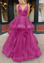 A Line V Neck Sleeveless Long Floor Length Tulle Glitter Prom Dresses With Pleated