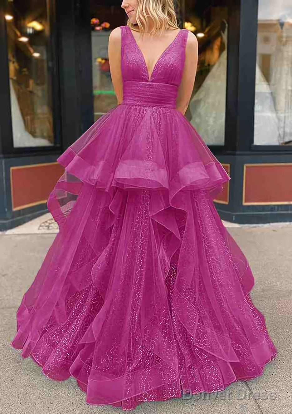 A Line V Neck Sleeveless Long Floor Length Tulle Glitter Prom Dresses With Pleated
