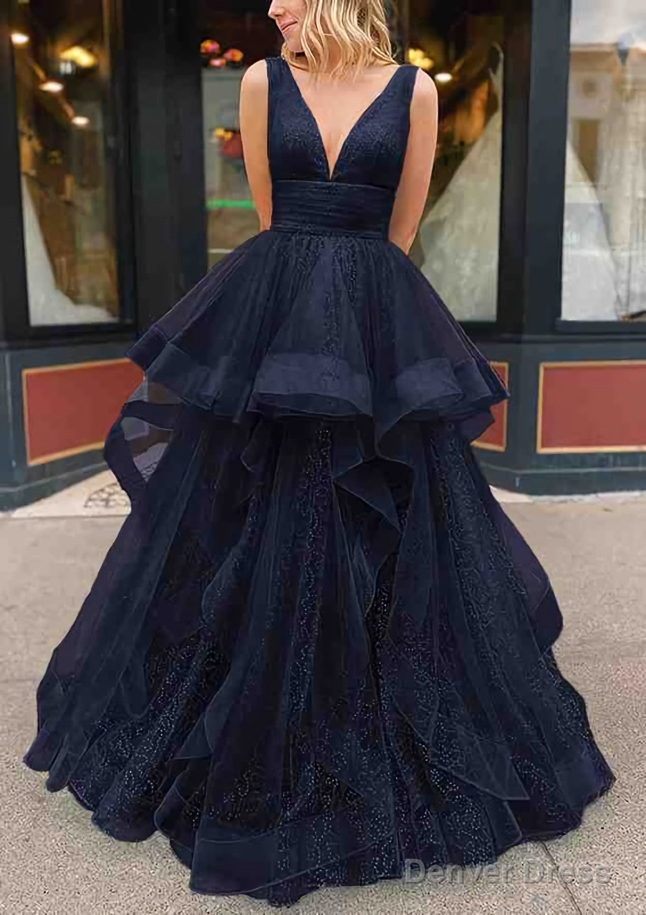 A Line V Neck Sleeveless Long Floor Length Tulle Glitter Prom Dresses With Pleated