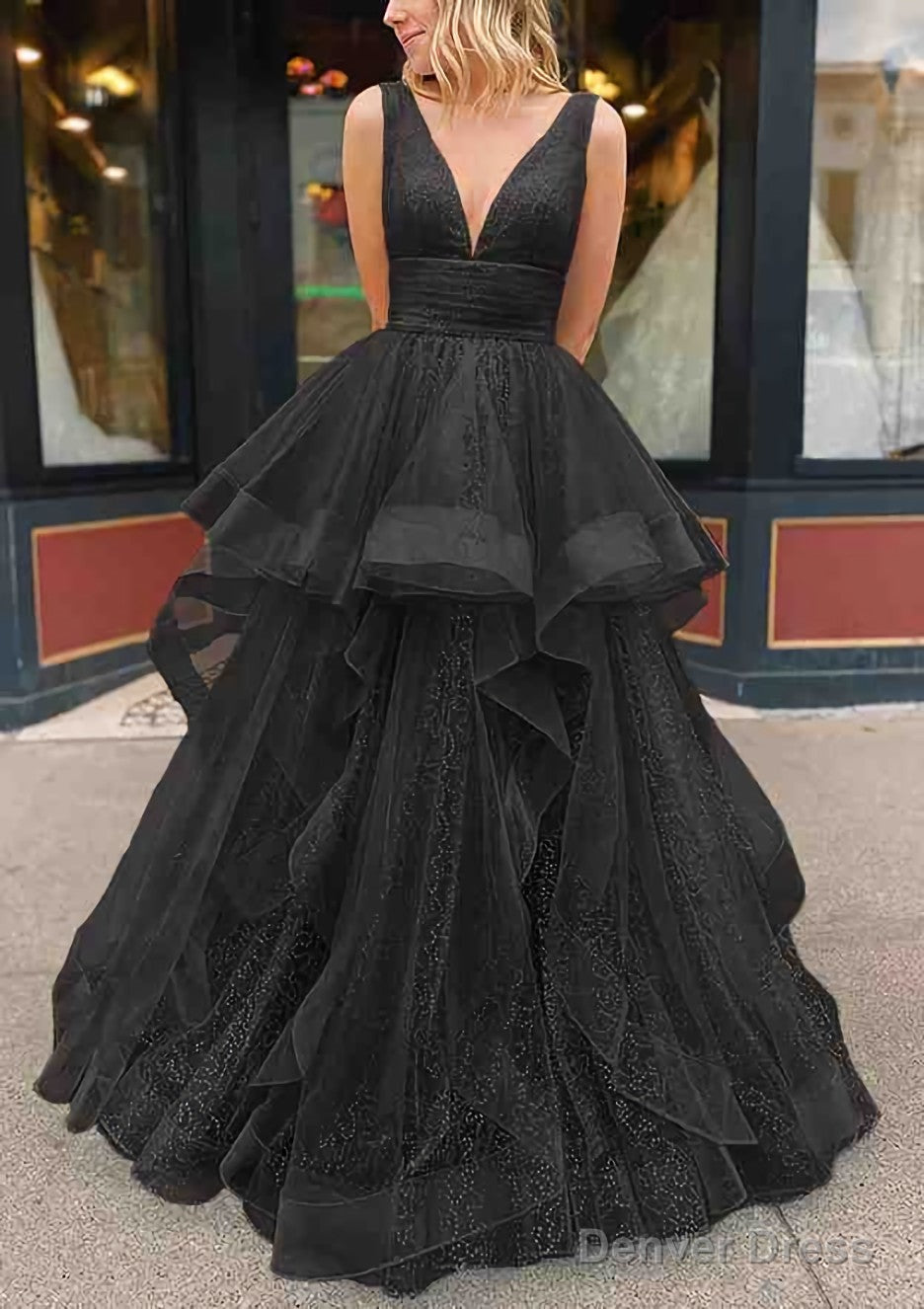 A Line V Neck Sleeveless Long Floor Length Tulle Glitter Prom Dresses With Pleated