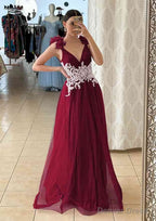 A Line V Neck Sleeveless Long Floor Length Tulle Prom Dresses With Appliqued Beading Flowers