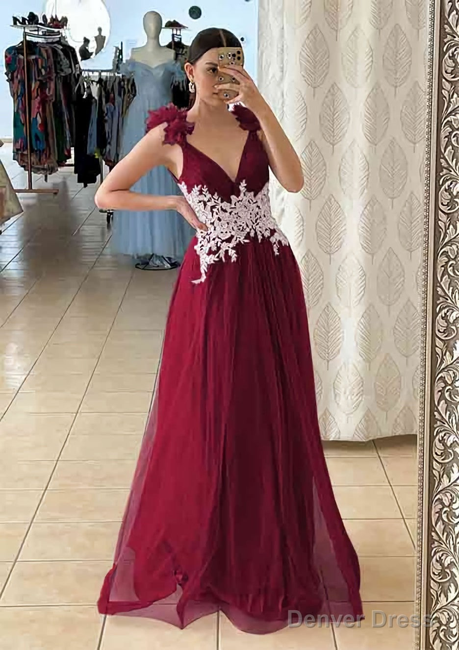 A Line V Neck Sleeveless Long Floor Length Tulle Prom Dresses With Appliqued Beading Flowers