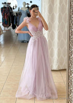 A Line V Neck Sleeveless Long Floor Length Tulle Prom Dresses With Appliqued Beading Flowers