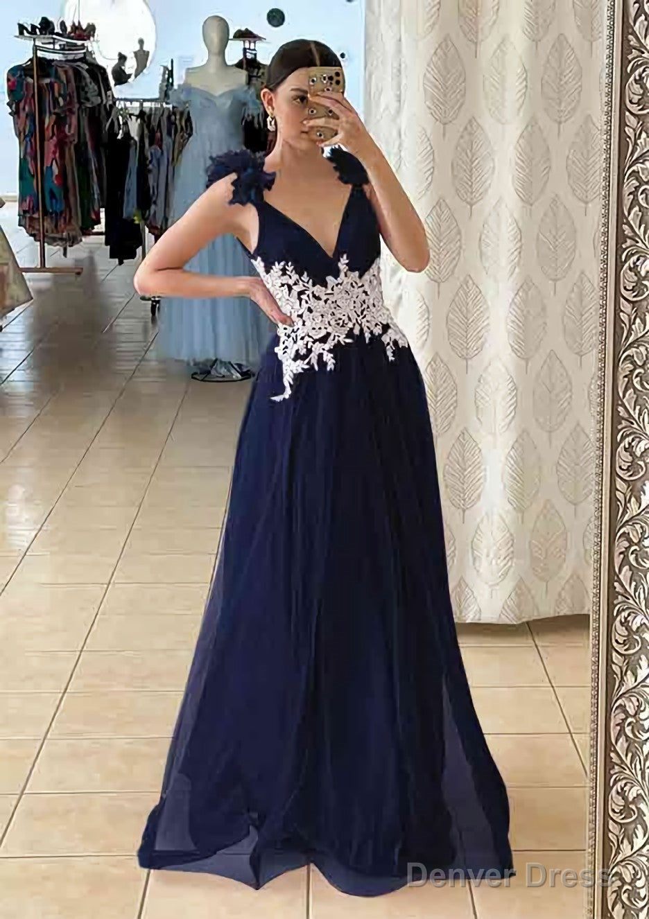 A-line V Neck Sleeveless Long/Floor-Length Tulle Prom Dresses With Appliqued Beading Flowers