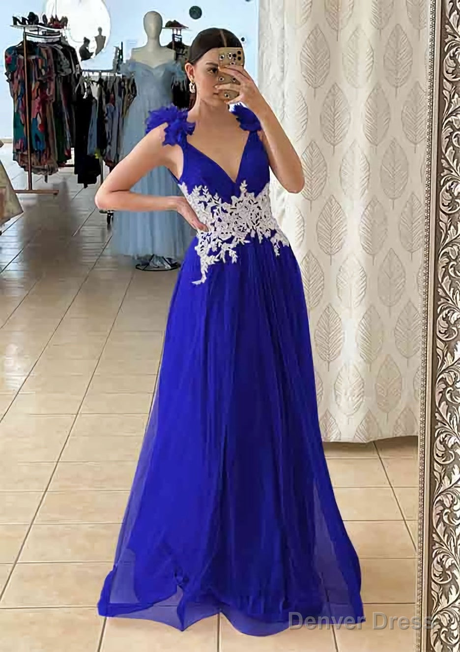A Line V Neck Sleeveless Long Floor Length Tulle Prom Dresses With Appliqued Beading Flowers