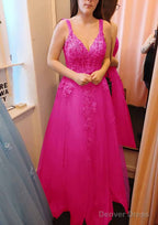 A Line V Neck Sleeveless Long Floor Length Tulle Prom Dresses With Appliqued Lace