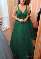 A Line V Neck Sleeveless Long Floor Length Tulle Prom Dresses With Appliqued Lace
