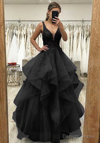 A-line V Neck Sleeveless Long/Floor-Length Tulle Satin Prom Dresses With Lace Appliqued