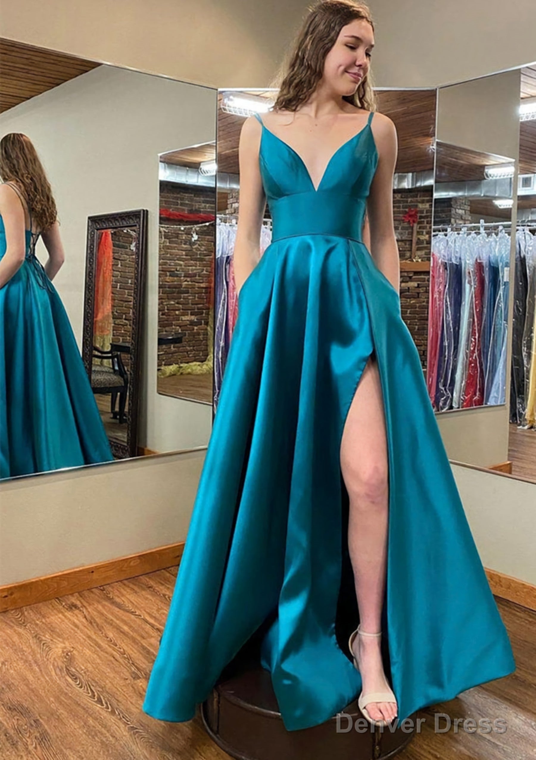 A-line V Neck Sleeveless Satin Long/Floor-Length Prom Dresses With Pockets Split Main image