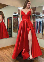 A-line V Neck Sleeveless Satin Long/Floor-Length Prom Dresses With Pockets Split