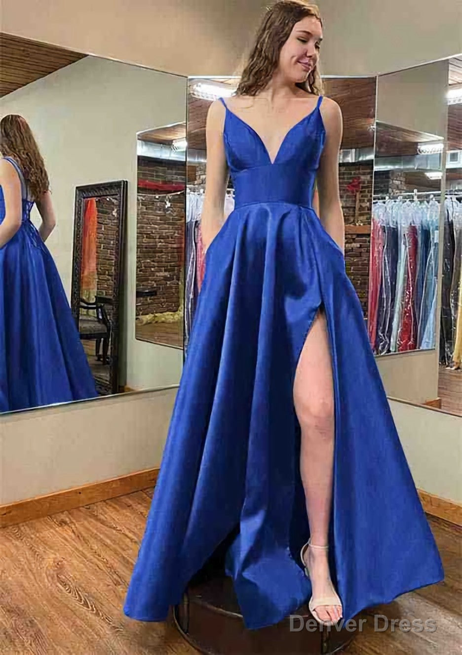 A-line V Neck Sleeveless Satin Long/Floor-Length Prom Dresses With Pockets Split