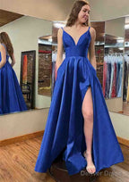 A Line V Neck Sleeveless Satin Long Floor Length Prom Dresses With Pockets Split