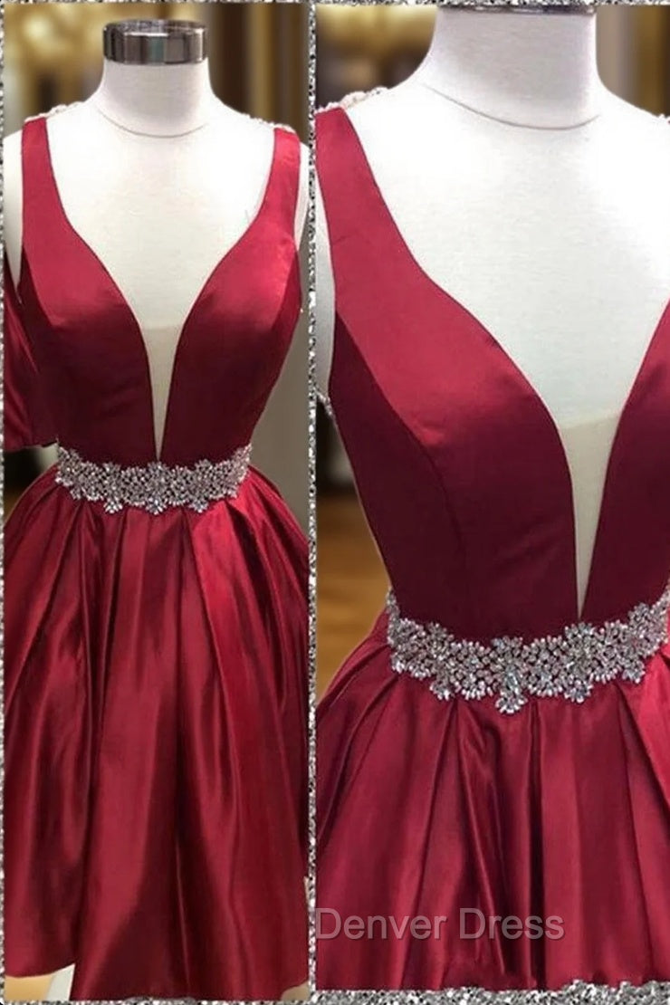 A-line V Neck Sleeveless Satin Short/Mini Homecoming Dresses With Beading Bandage Main image