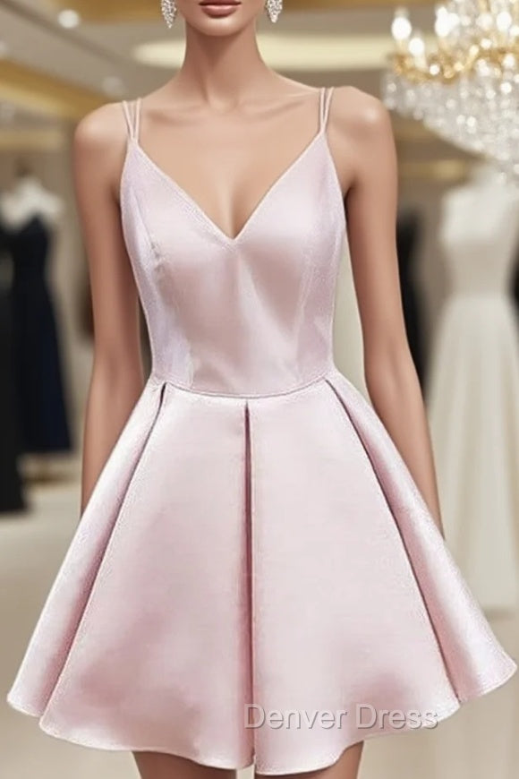 A Line V Neck Sleeveless Satin Short Mini Homecoming Dresses With Ruffles Main image