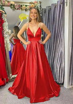 A-line V Neck Sleeveless Satin Sweep Train Prom Dresses With Beading