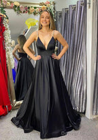 A Line V Neck Sleeveless Satin Sweep Train Prom Dresses With Beading