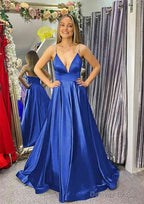 A-line V Neck Sleeveless Satin Sweep Train Prom Dresses With Beading