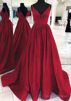 A Line V Neck Sleeveless Satin Sweep Train Prom Dresses With Pleated