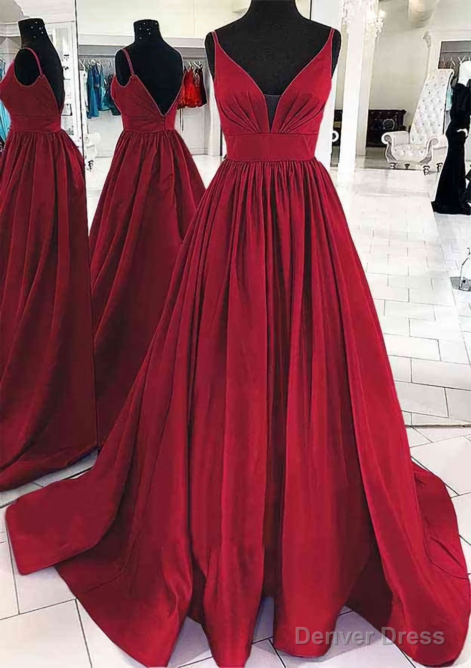 A Line V Neck Sleeveless Satin Sweep Train Prom Dresses With Pleated