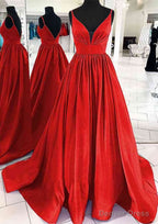 A Line V Neck Sleeveless Satin Sweep Train Prom Dresses With Pleated