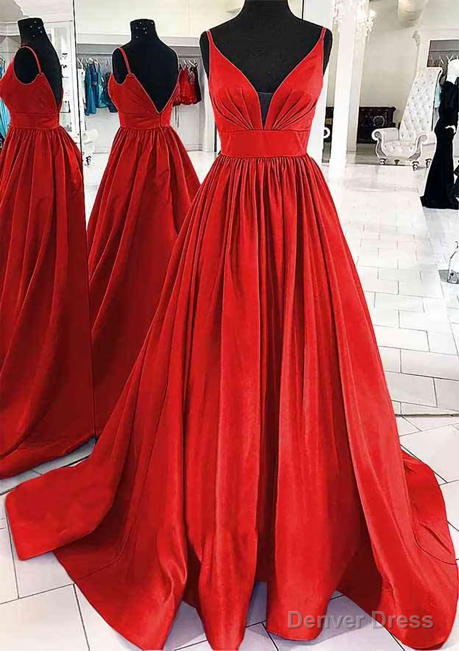 A Line V Neck Sleeveless Satin Sweep Train Prom Dresses With Pleated