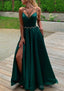 A Line V Neck Sleeveless Satin Sweep Train Prom Dresses With Pockets Waistband Split