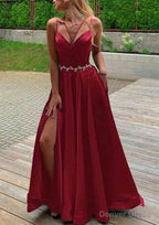 A Line V Neck Sleeveless Satin Sweep Train Prom Dresses With Pockets Waistband Split