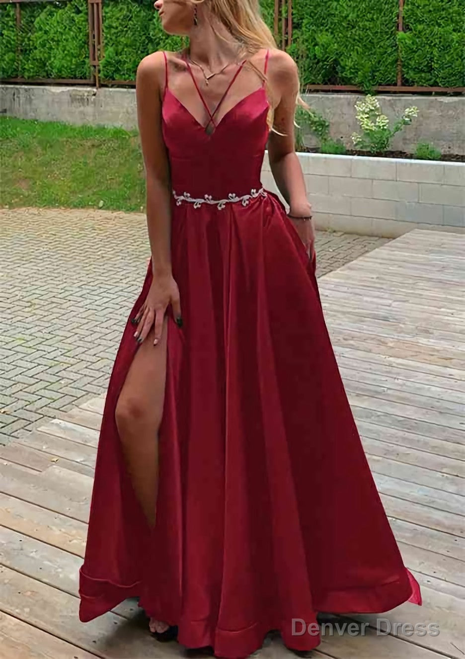 A Line V Neck Sleeveless Satin Sweep Train Prom Dresses With Pockets Waistband Split