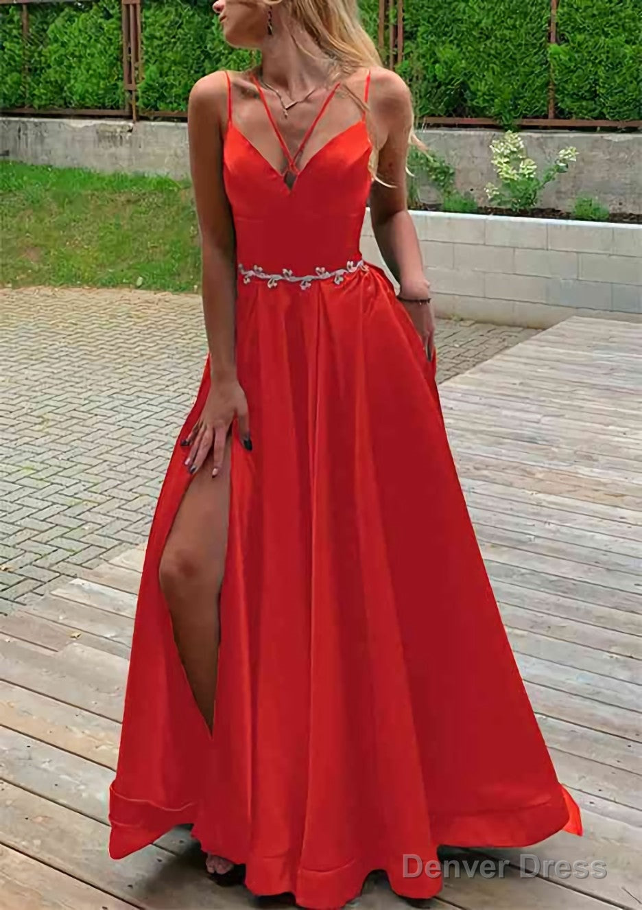A Line V Neck Sleeveless Satin Sweep Train Prom Dresses With Pockets Waistband Split
