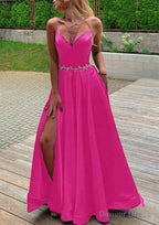 A Line V Neck Sleeveless Satin Sweep Train Prom Dresses With Pockets Waistband Split