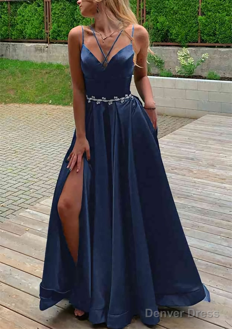 A Line V Neck Sleeveless Satin Sweep Train Prom Dresses With Pockets Waistband Split