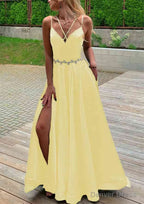 A Line V Neck Sleeveless Satin Sweep Train Prom Dresses With Pockets Waistband Split