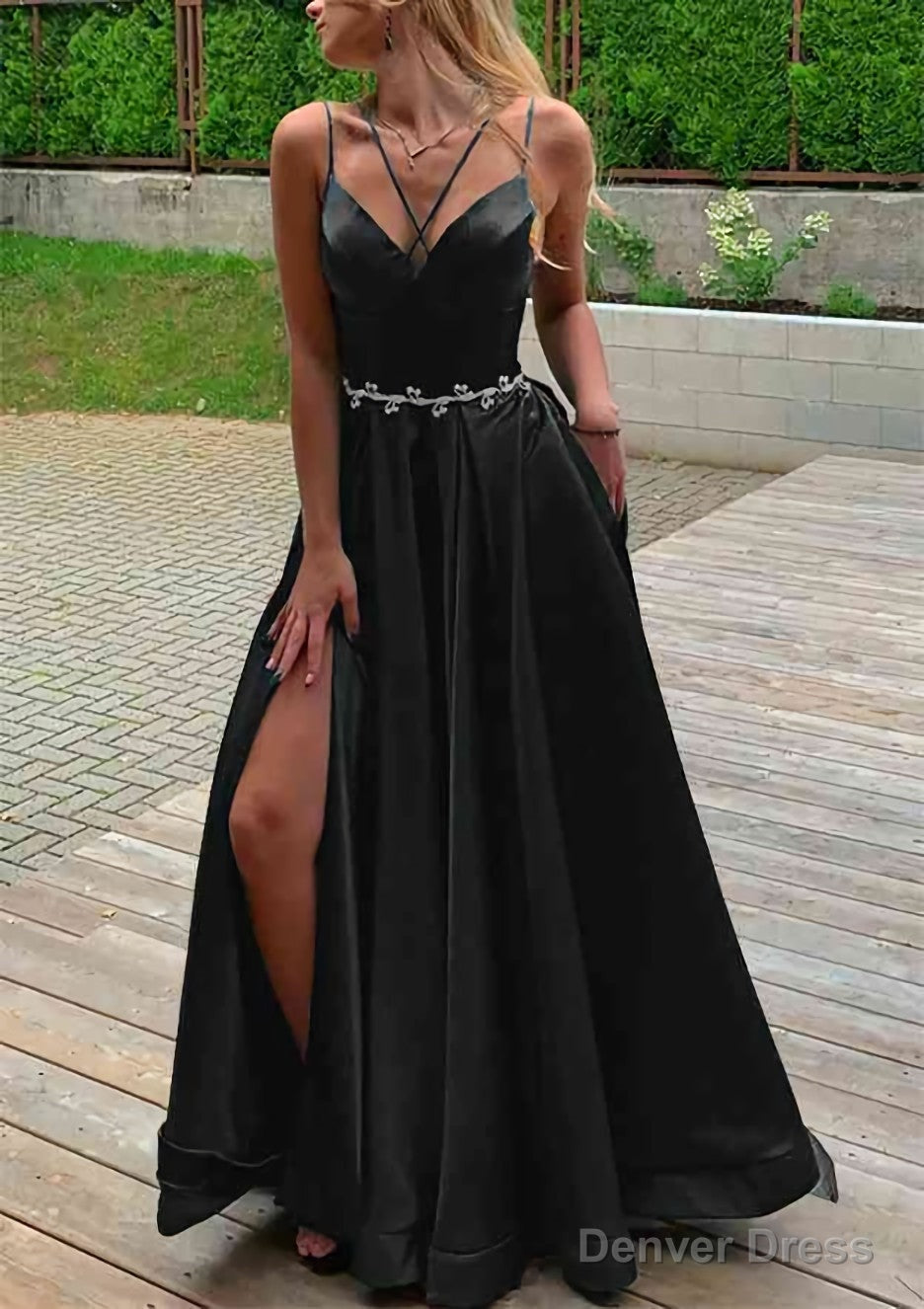A Line V Neck Sleeveless Satin Sweep Train Prom Dresses With Pockets Waistband Split